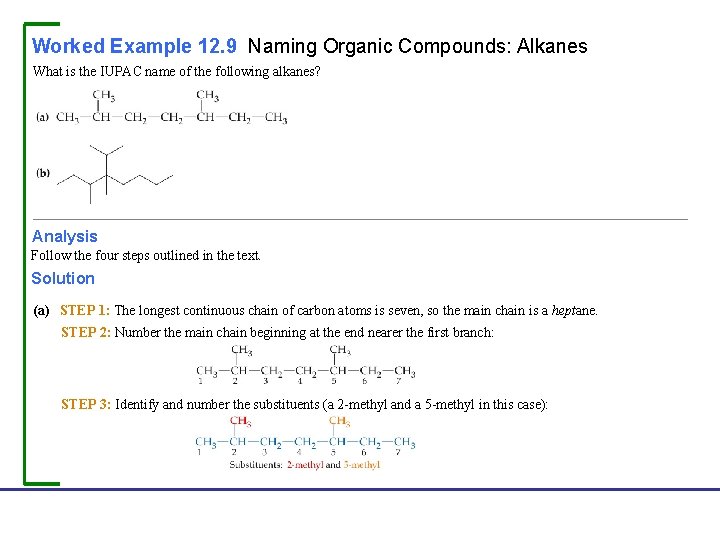 Worked Example 12. 9 Naming Organic Compounds: Alkanes What is the IUPAC name of
