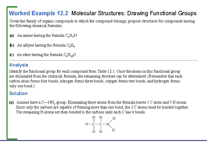 Worked Example 12. 2 Molecular Structures: Drawing Functional Groups Given the family of organic