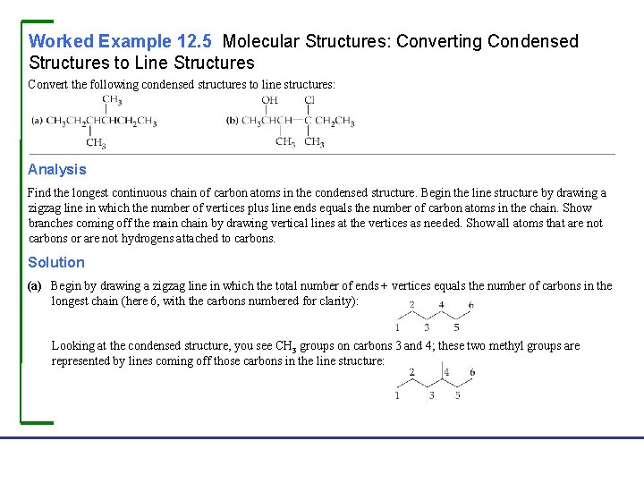 Worked Example 12. 5 Molecular Structures: Converting Condensed Structures to Line Structures Convert the