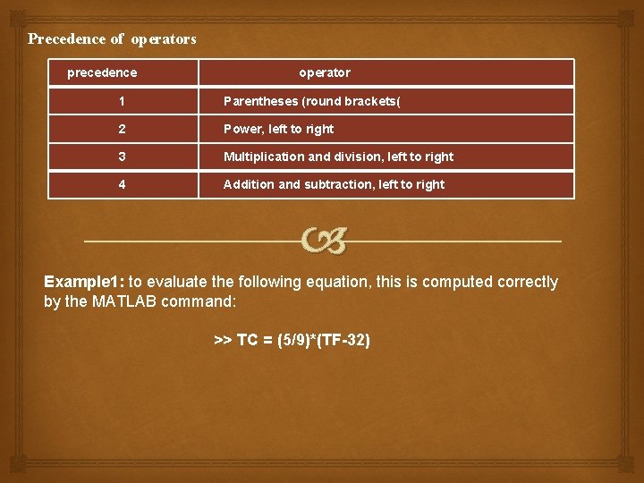 Precedence of operators precedence operator 1 Parentheses (round brackets( 2 Power, left to right