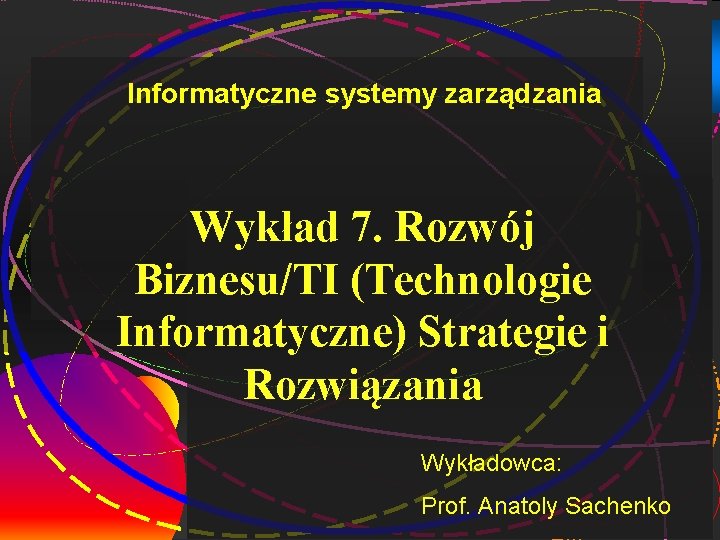 1 Informatyczne systemy zarządzania Wykład 7. Rozwój Biznesu/TI (Technologie Informatyczne) Strategie i Rozwiązania Wykładowca: