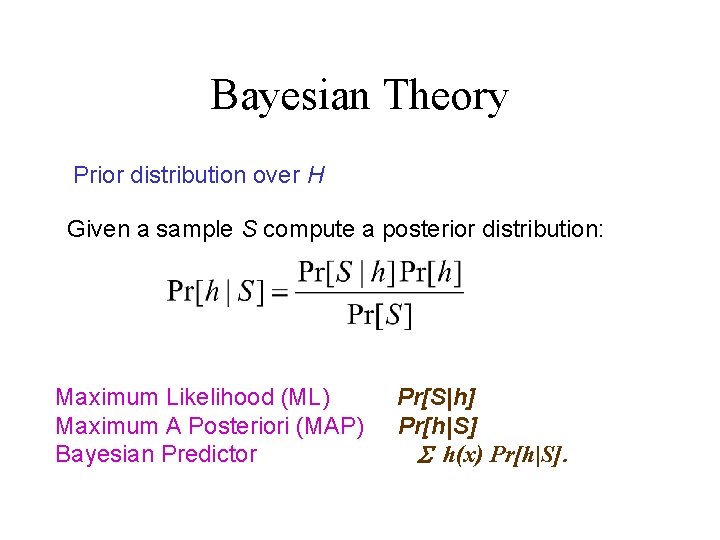 Bayesian Theory Prior distribution over H Given a sample S compute a posterior distribution: