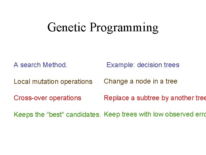 Genetic Programming A search Method. Example: decision trees Local mutation operations Change a node