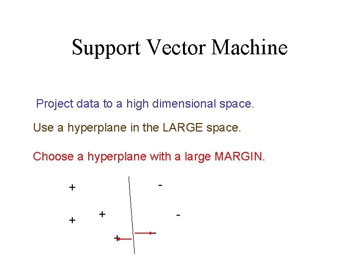 Support Vector Machine Project data to a high dimensional space. Use a hyperplane in