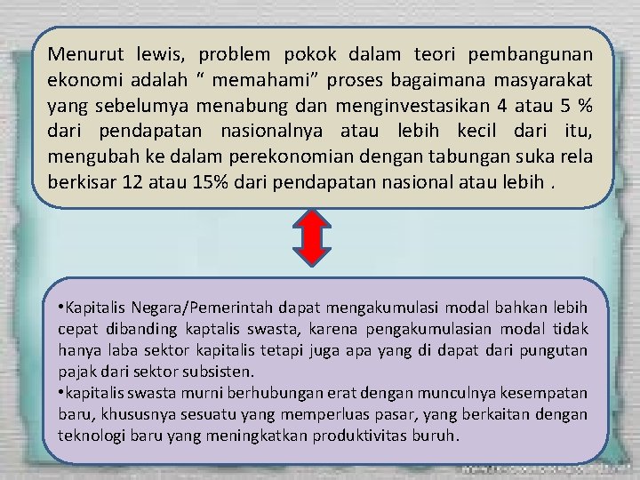 Menurut lewis, problem pokok dalam teori pembangunan ekonomi adalah “ memahami” proses bagaimana masyarakat