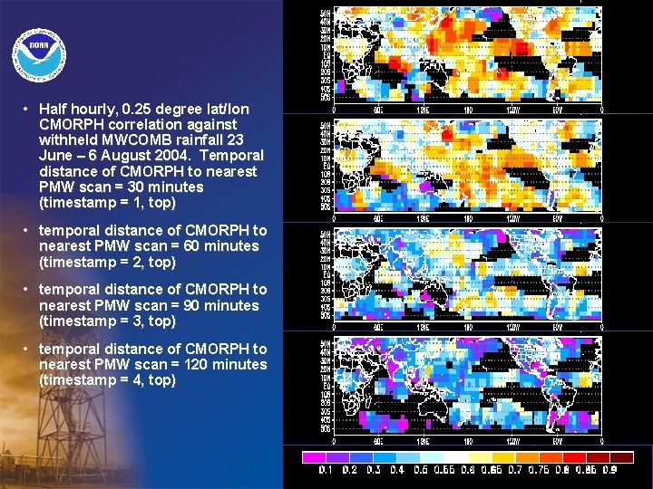  • Half hourly, 0. 25 degree lat/lon CMORPH correlation against withheld MWCOMB rainfall