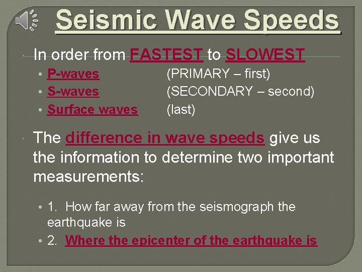 Seismic Wave Speeds In order from FASTEST to SLOWEST • • • P-waves Surface Seismic Wave Speeds In order from FASTEST to SLOWEST • • • P-waves Surface