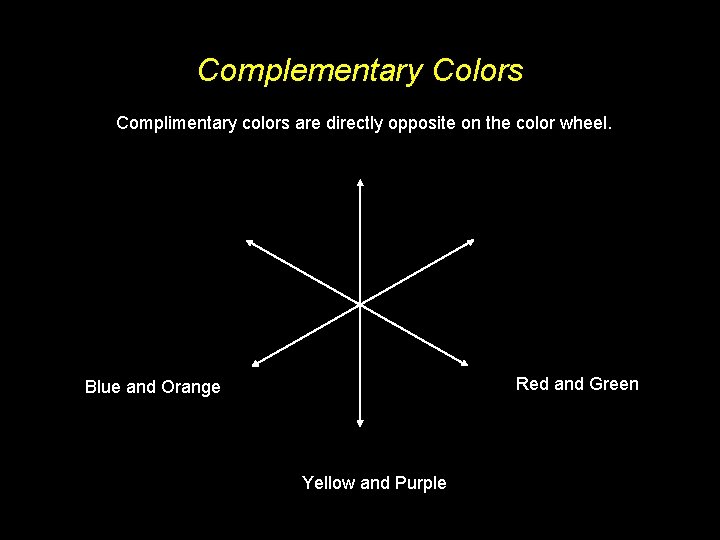 Complementary Colors Complimentary colors are directly opposite on the color wheel. Red and Green