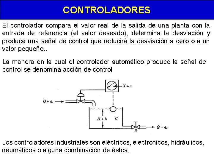 CONTROLADORES El controlador compara el valor real de la salida de una planta con