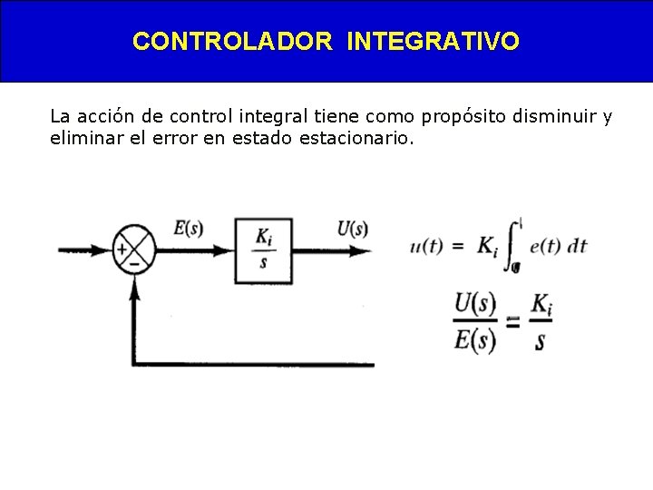 CONTROLADOR INTEGRATIVO La acción de control integral tiene como propósito disminuir y eliminar el