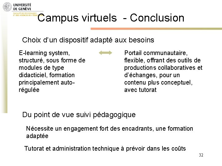 Campus virtuels - Conclusion Choix d’un dispositif adapté aux besoins E-learning system, structuré, sous