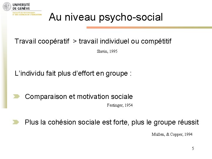 Au niveau psycho-social Travail coopératif > travail individuel ou compétitif Slavin, 1995 L’individu fait