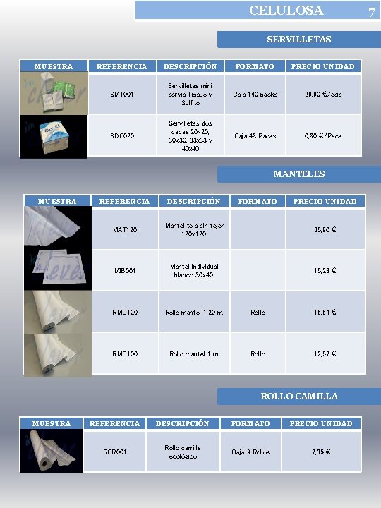 CELULOSA SERVILLETAS MUESTRA REFERENCIA DESCRIPCIÓN FORMATO PRECIO UNIDAD SMT 001 Servilletas mini servis Tissue