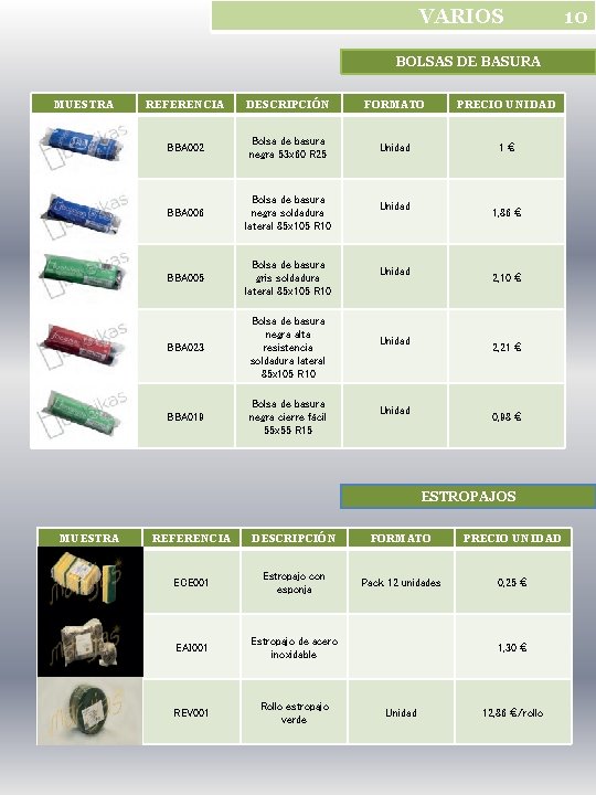 VARIOS BOLSAS DE BASURA MUESTRA REFERENCIA DESCRIPCIÓN FORMATO PRECIO UNIDAD BBA 002 Bolsa de