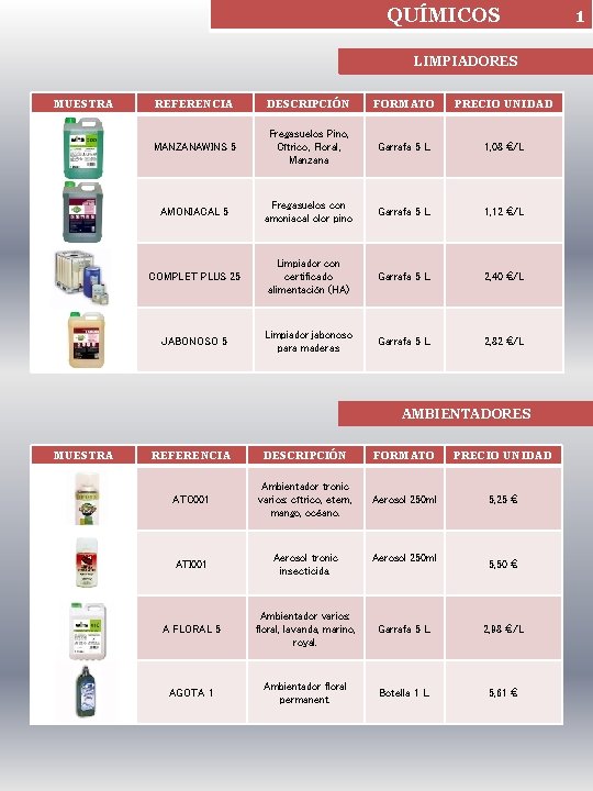 QUÍMICOS LIMPIADORES MUESTRA REFERENCIA DESCRIPCIÓN FORMATO PRECIO UNIDAD MANZANAWINS 5 Fregasuelos Pino, Cítrico, Floral,