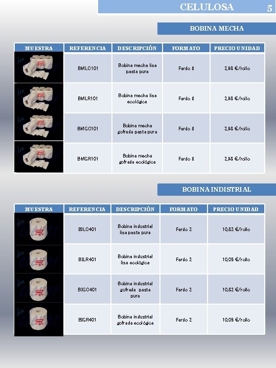 CELULOSA BOBINA MECHA MUESTRA REFERENCIA DESCRIPCIÓN FORMATO PRECIO UNIDAD BMLC 101 Bobina mecha lisa
