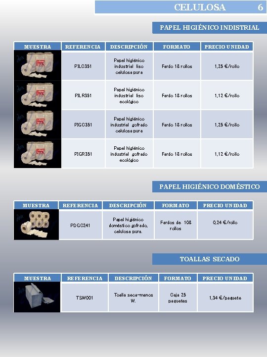 CELULOSA 6 PAPEL HIGIÉNICO INDISTRIAL MUESTRA REFERENCIA DESCRIPCIÓN FORMATO PRECIO UNIDAD PILC 351 Papel