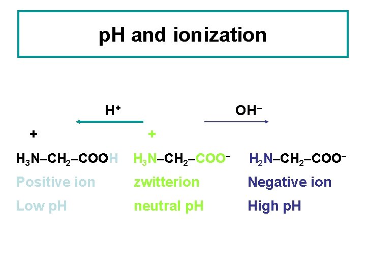 p. H and ionization H+ + OH– + H 3 N–CH 2–COOH H 3 p. H and ionization H+ + OH– + H 3 N–CH 2–COOH H 3