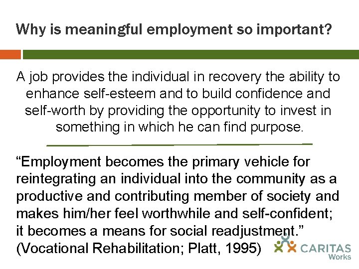 Why is meaningful employment so important? A job provides the individual in recovery the