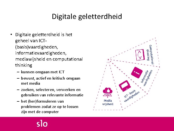 Digitale geletterdheid • Digitale geletterdheid is het geheel van ICT(basis)vaardigheden, informatievaardigheden, mediawijsheid en computational