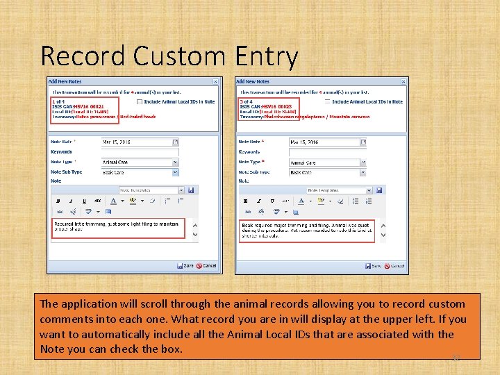 Record Custom Entry The application will scroll through the animal records allowing you to