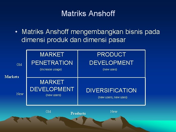 Matriks Anshoff • Matriks Anshoff mengembangkan bisnis pada dimensi produk dan dimensi pasar Old