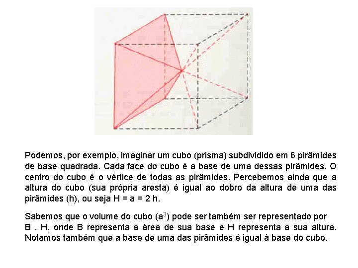 Podemos, por exemplo, imaginar um cubo (prisma) subdividido em 6 pirâmides de base quadrada.