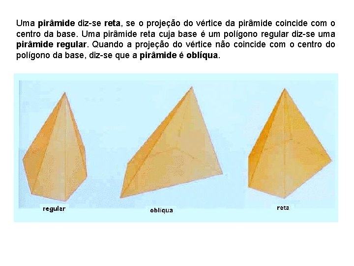 Uma pirâmide diz-se reta, se o projeção do vértice da pirâmide coincide com o