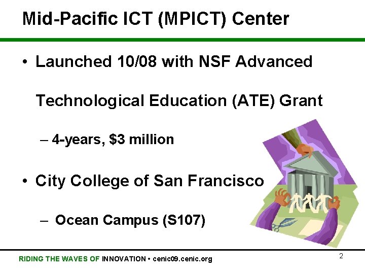 Mid-Pacific ICT (MPICT) Center • Launched 10/08 with NSF Advanced Technological Education (ATE) Grant