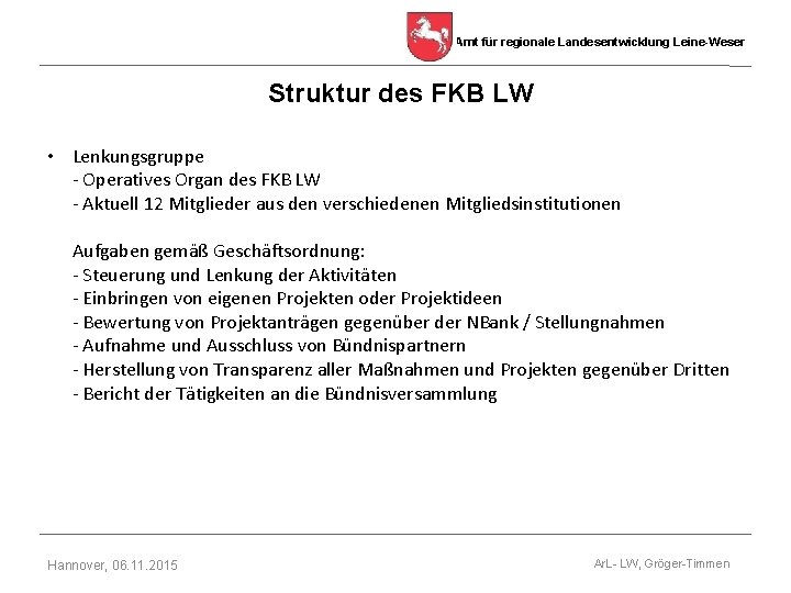 Amt für regionale Landesentwicklung Leine-Weser Struktur des FKB LW • Lenkungsgruppe - Operatives Organ