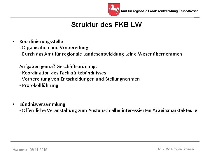 Amt für regionale Landesentwicklung Leine-Weser Struktur des FKB LW • Koordinierungsstelle - Organisation und