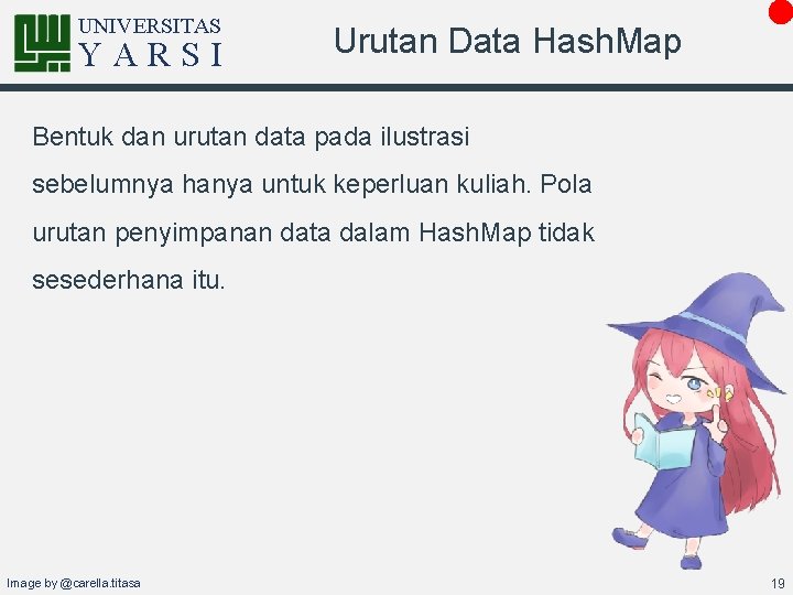 UNIVERSITAS YARSI Urutan Data Hash. Map Bentuk dan urutan data pada ilustrasi sebelumnya hanya