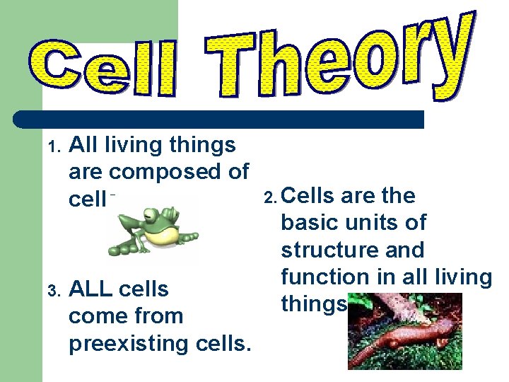 1. 3. All living things are composed of cells ALL cells come from preexisting 1. 3. All living things are composed of cells ALL cells come from preexisting