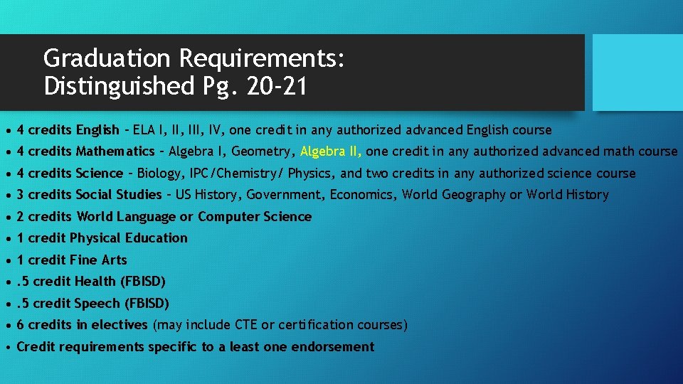 Graduation Requirements: Distinguished Pg. 20 -21 • 4 credits English – ELA I, III,