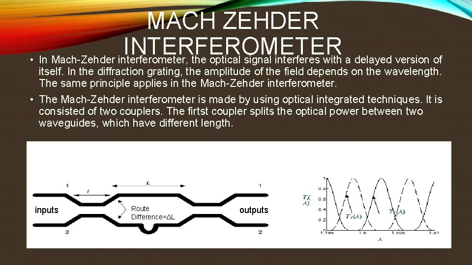 MACH ZEHDER INTERFEROMETER • In Mach-Zehder interferometer, the optical signal interferes with a delayed MACH ZEHDER INTERFEROMETER • In Mach-Zehder interferometer, the optical signal interferes with a delayed