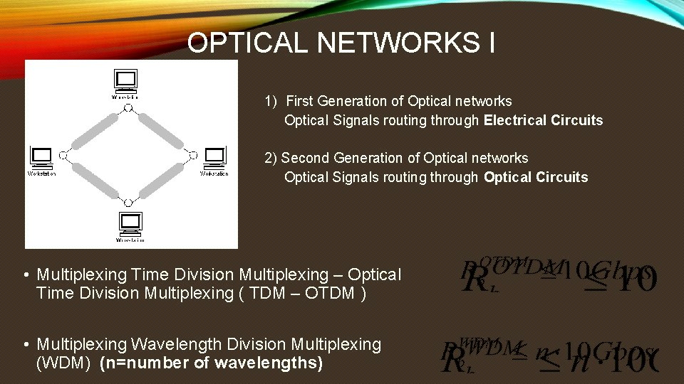 OPTICAL NETWORKS I 1) First Generation of Optical networks Optical Signals routing through Electrical OPTICAL NETWORKS I 1) First Generation of Optical networks Optical Signals routing through Electrical