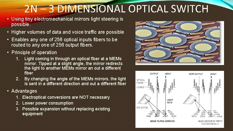 2 N – 3 DIMENSIONAL OPTICAL SWITCH • Using tiny electromechanical mirrors light steering 2 N – 3 DIMENSIONAL OPTICAL SWITCH • Using tiny electromechanical mirrors light steering