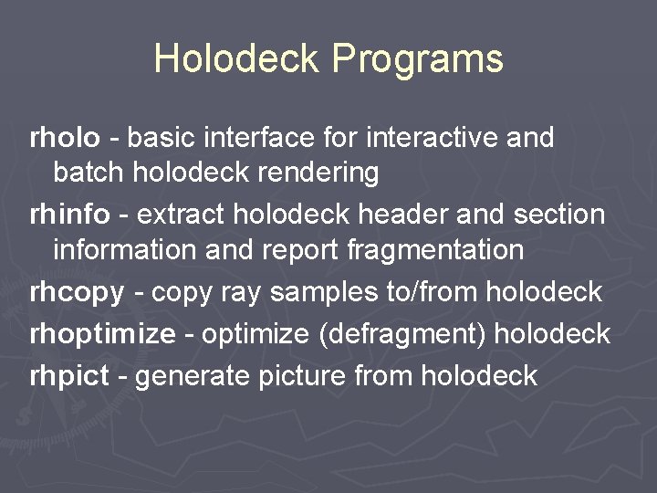 Holodeck Programs rholo - basic interface for interactive and batch holodeck rendering rhinfo -