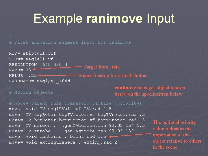 Example ranimove Input # # First animation segment input for ranimove # RIF= shipfull.