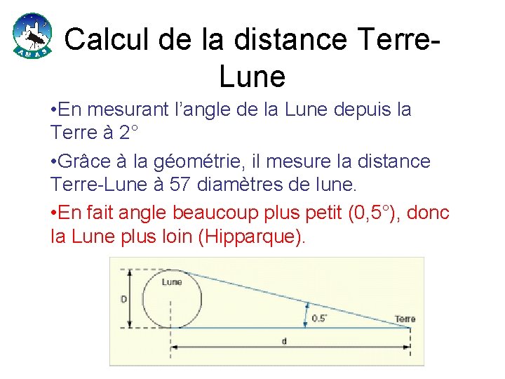 Calcul de la distance Terre. Lune • En mesurant l’angle de la Lune depuis