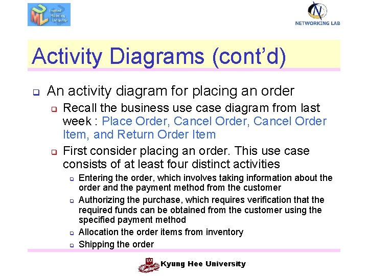 Activity Diagrams (cont’d) q An activity diagram for placing an order q q Recall