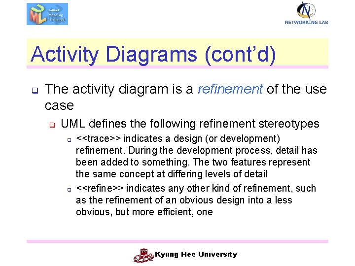 Activity Diagrams (cont’d) q The activity diagram is a refinement of the use case
