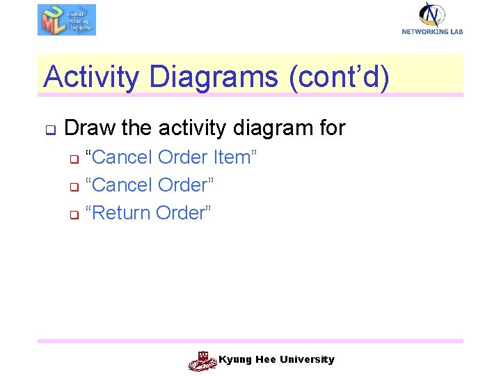 Activity Diagrams (cont’d) q Draw the activity diagram for “Cancel Order Item” q “Cancel