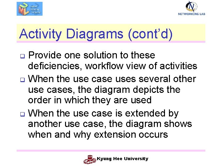 Activity Diagrams (cont’d) Provide one solution to these deficiencies, workflow view of activities q