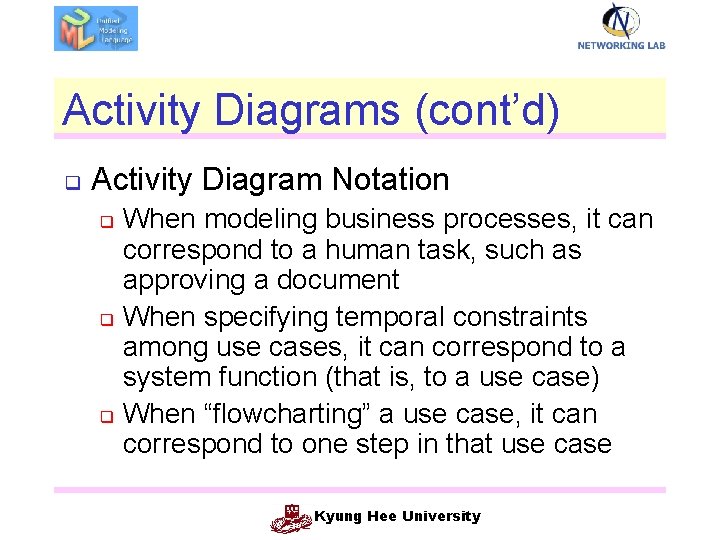 Activity Diagrams (cont’d) q Activity Diagram Notation When modeling business processes, it can correspond