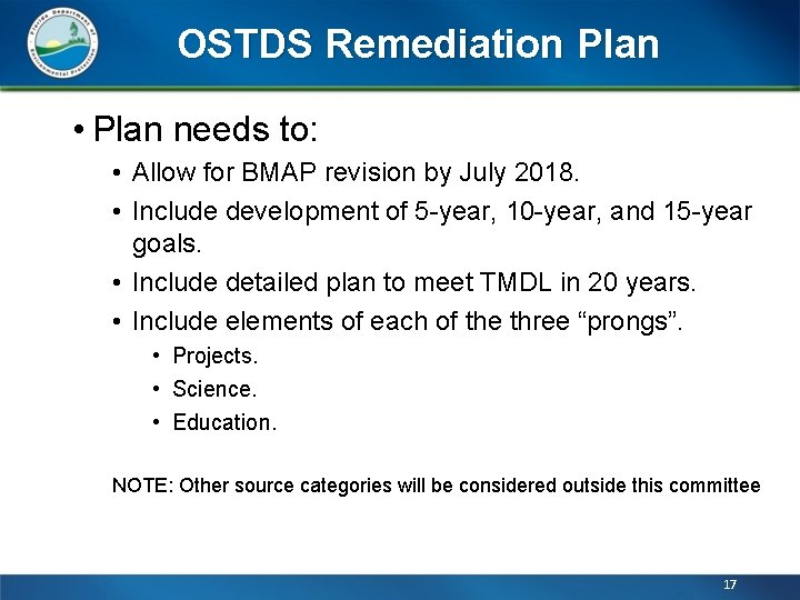 OSTDS Remediation Plan • Plan needs to: • Allow for BMAP revision by July