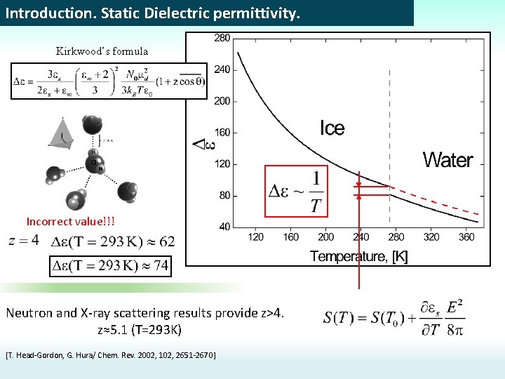 Introduction. Static Dielectric permittivity. Kirkwood’s formula Incorrect value!!! Neutron and X-ray scattering results provide
