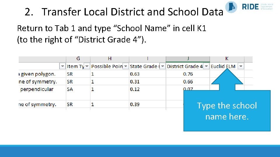 2. Transfer Local District and School Data Return to Tab 1 and type “School