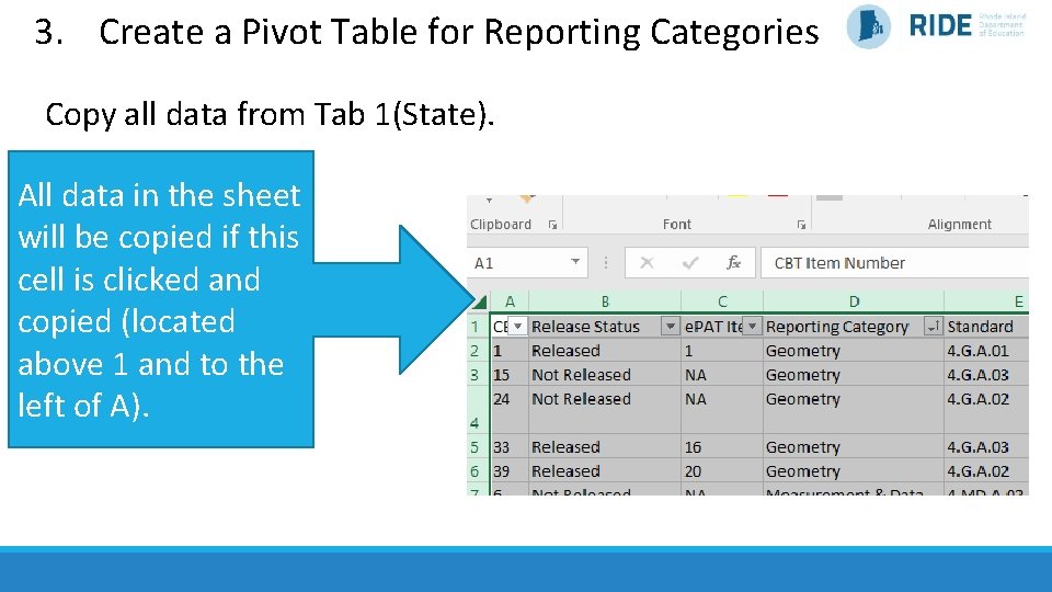 3. Create a Pivot Table for Reporting Categories Copy all data from Tab 1(State).