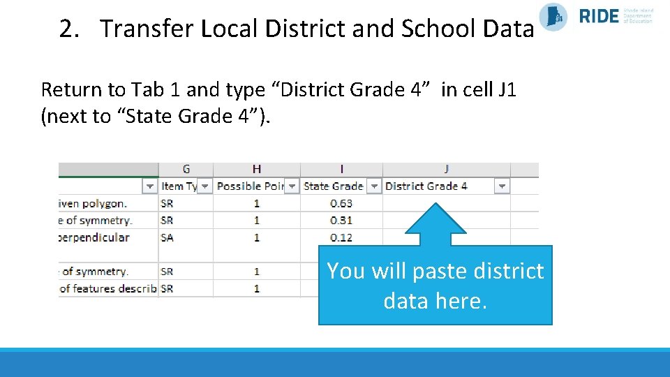 2. Transfer Local District and School Data Return to Tab 1 and type “District